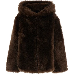 Brown shearling jacket with hood in ecofur for women