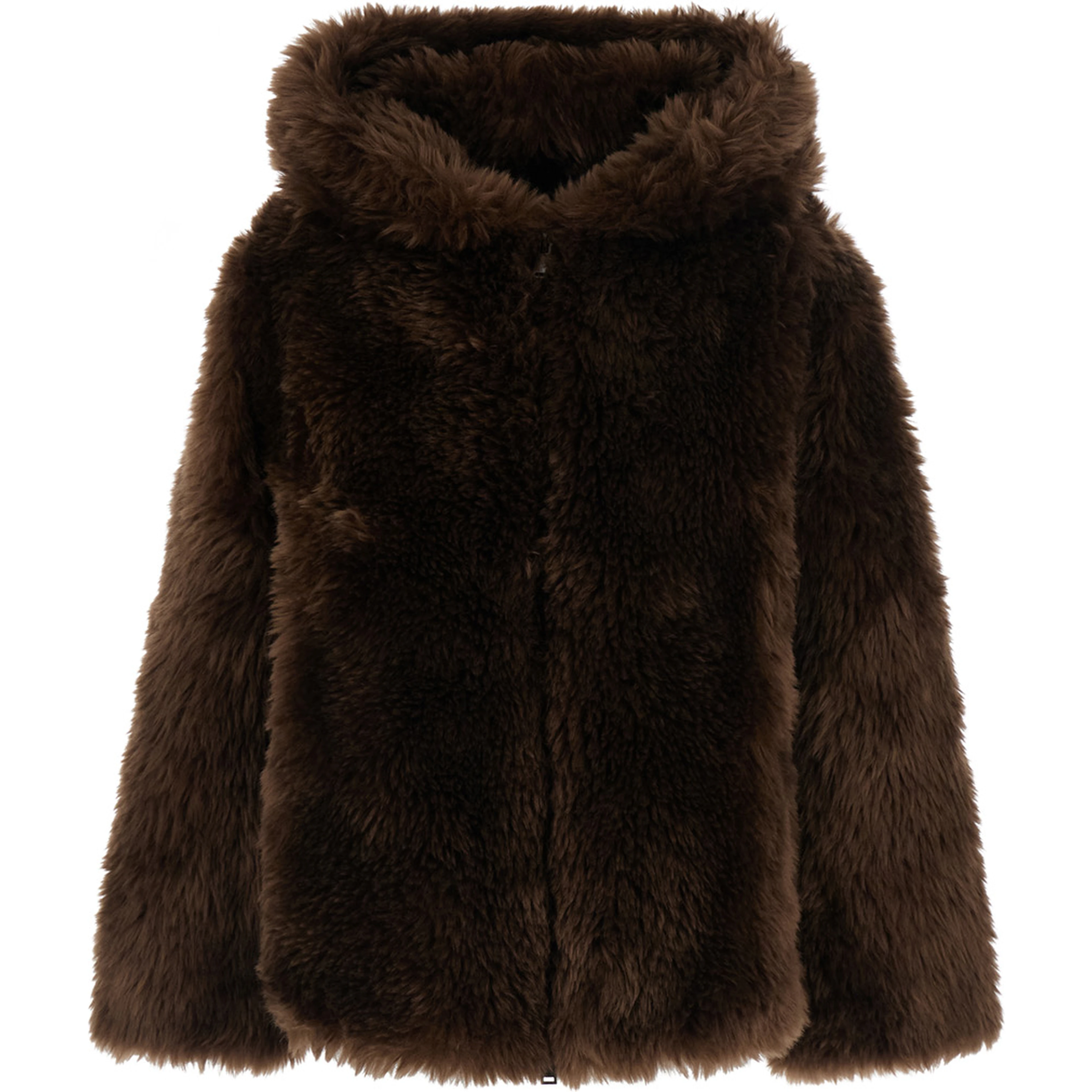Brown shearling jacket with hood in ecofur for women