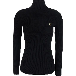 Black high-neck sweater with logo on the front and ribbed knit in cotton for women