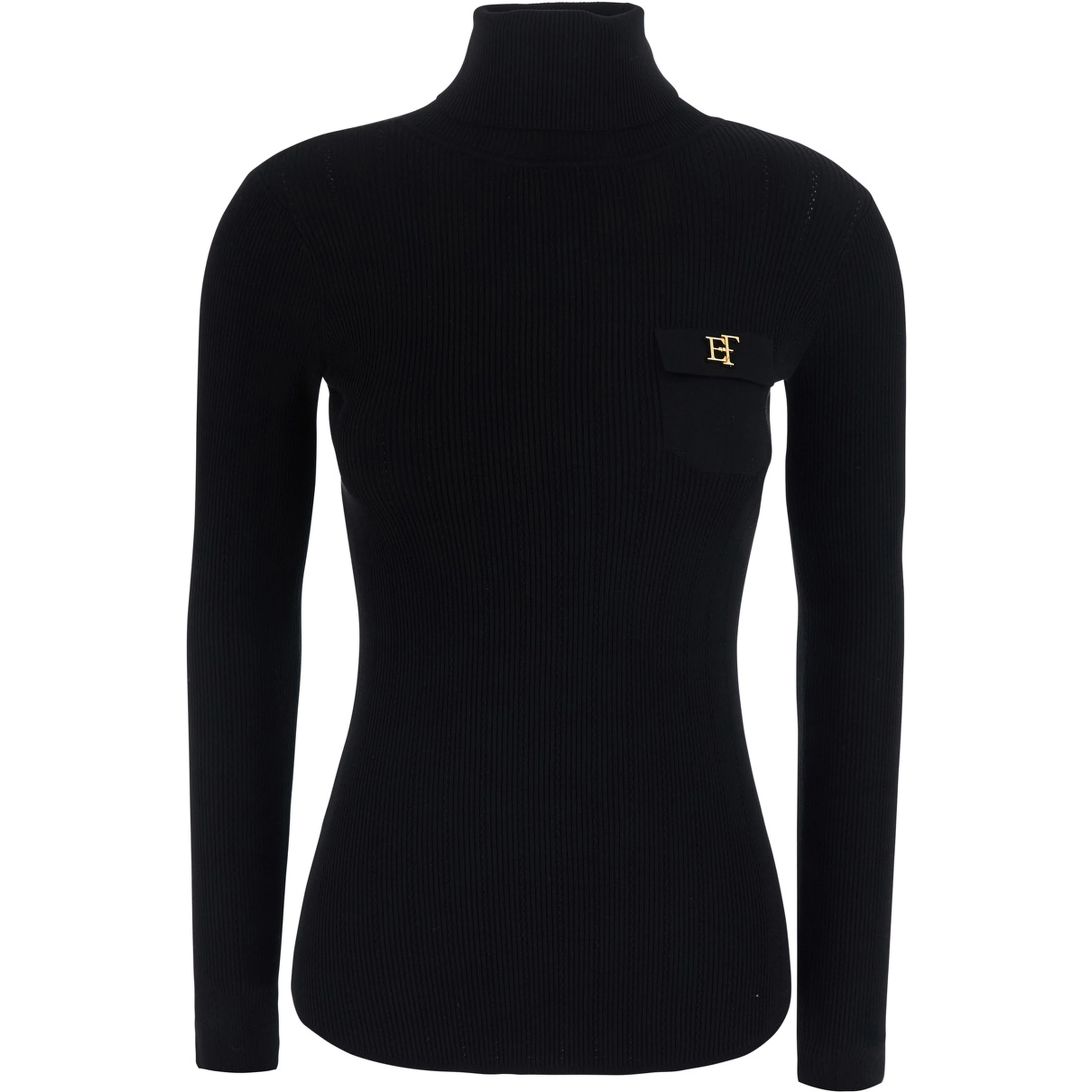 Black high-neck sweater with logo on the front and ribbed knit in cotton for women