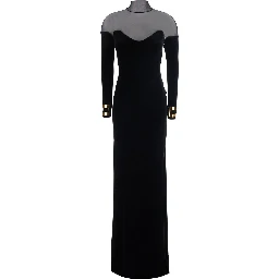 Long velvet dress with V-neck and long sleeves, in velvet, black, woman