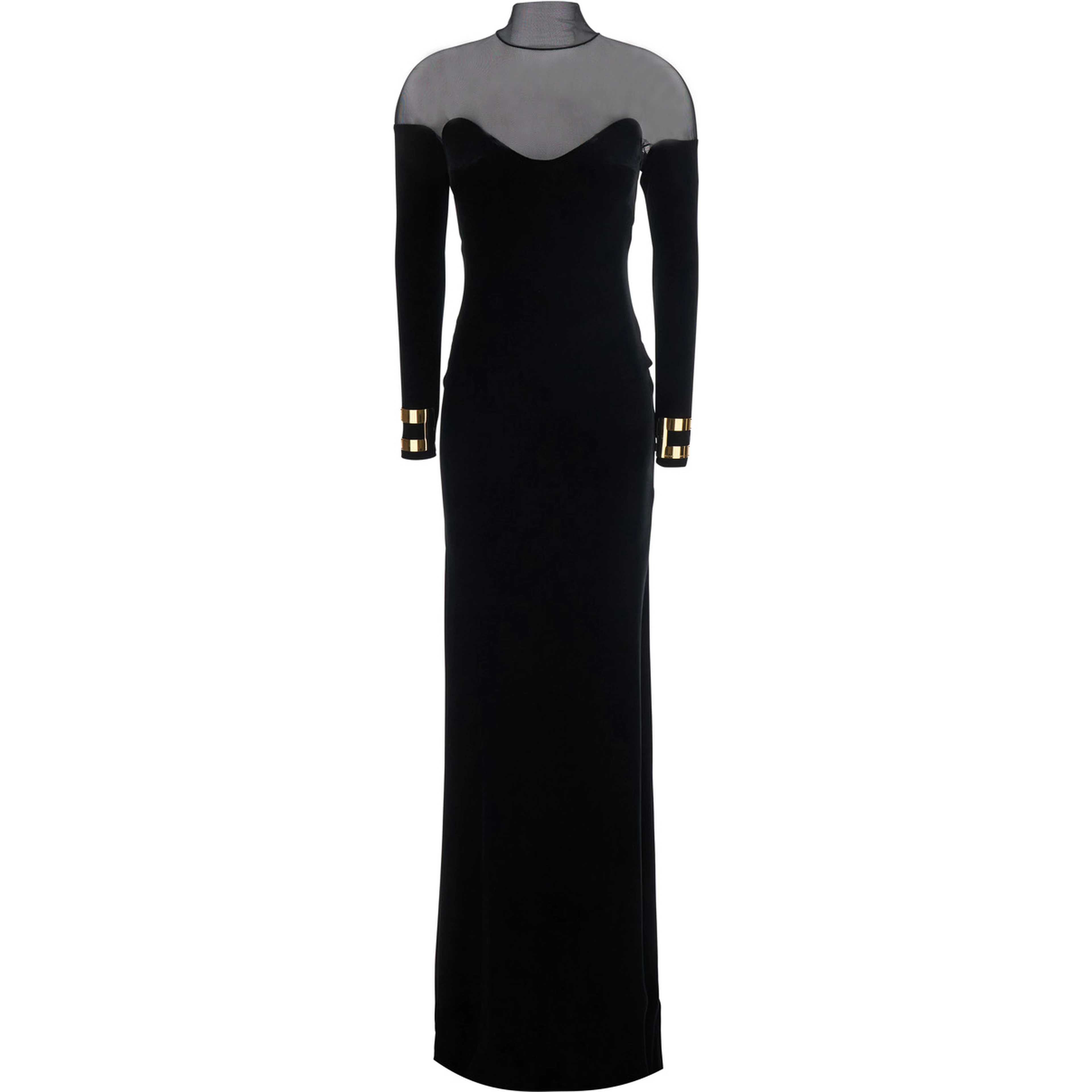 Long velvet dress with V-neck and long sleeves, in velvet, black, woman