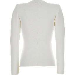 White Crew Neck Cardigan with Two Zip Pockets on the Front in Wool for Women