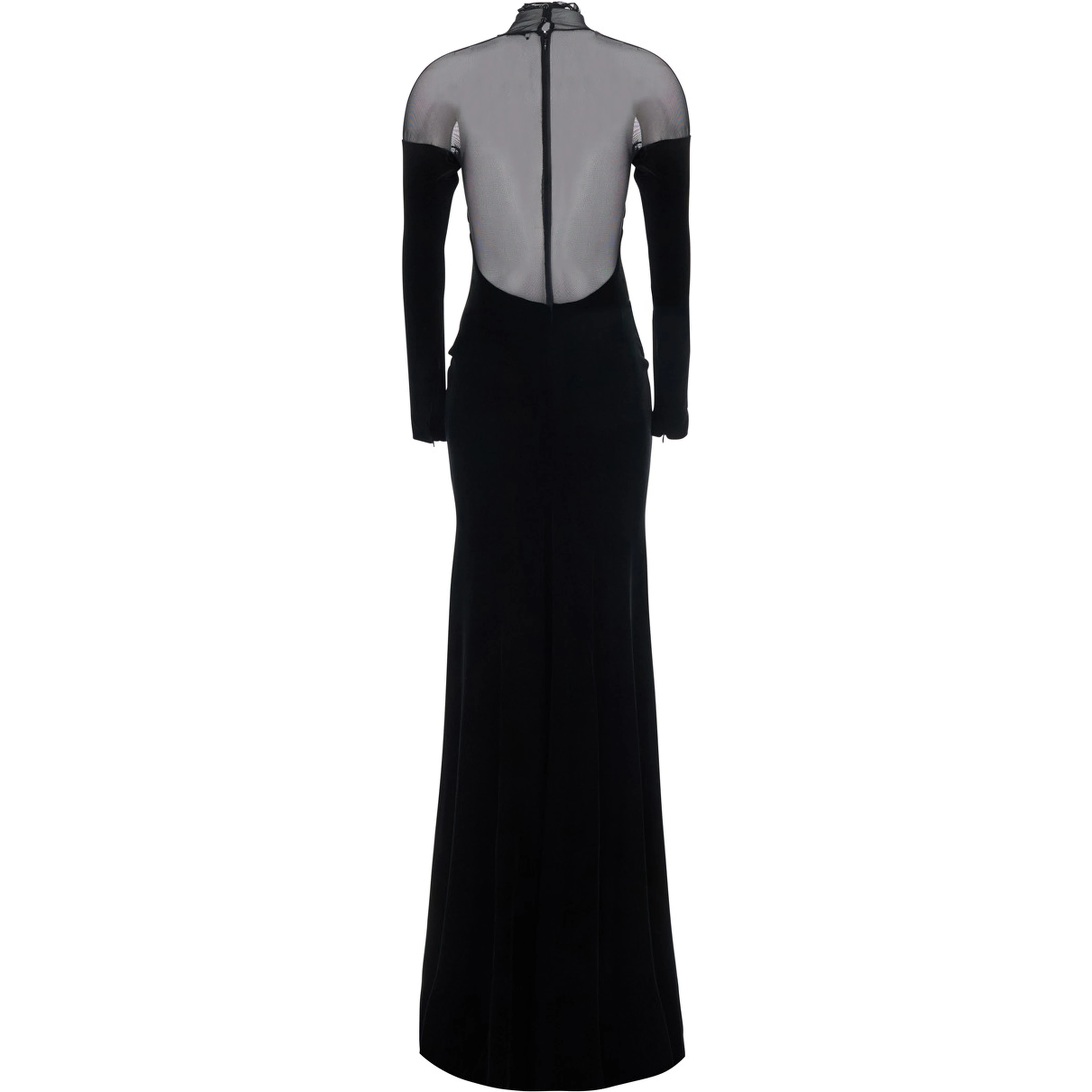 Long velvet dress with V-neck and long sleeves, in velvet, black, woman