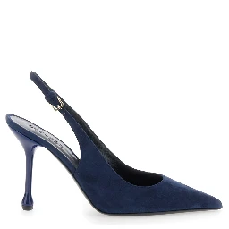Pointed Toe Pumps with Adjustable Strap in Blue Suede for Women