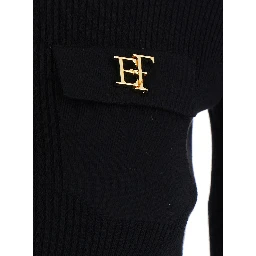 Black high-neck sweater with logo on the front and ribbed knit in cotton for women
