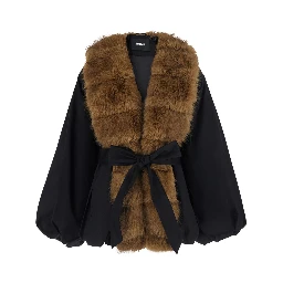 Black Jacket with front belt in ecofur for women
