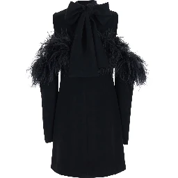 Black Dress with bow on the back and feathers in tech fabric for women