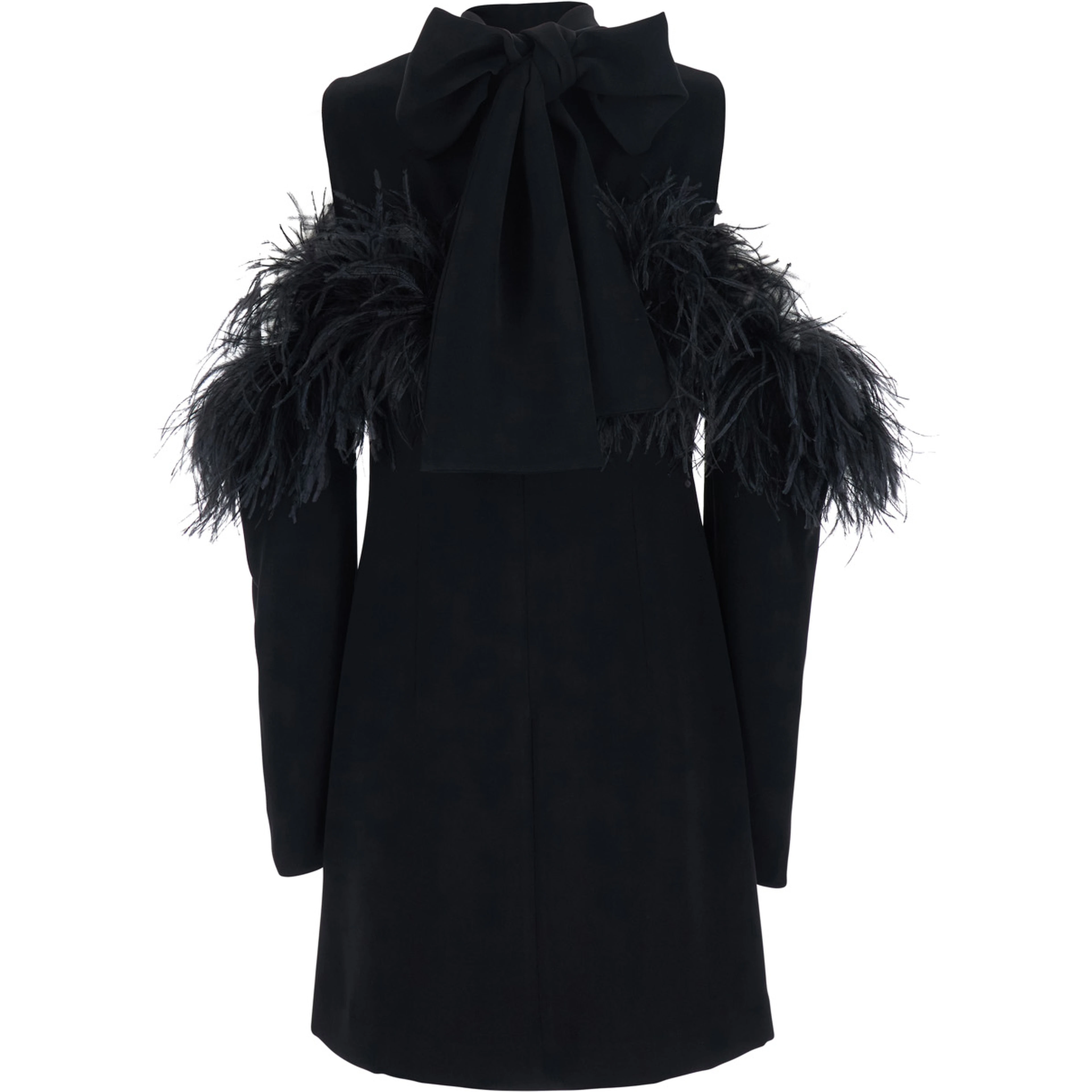 Black Dress with bow on the back and feathers in tech fabric for women