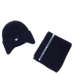 Blue Hat with Brim and Cuff and Logo on Front in wool Blend Boy