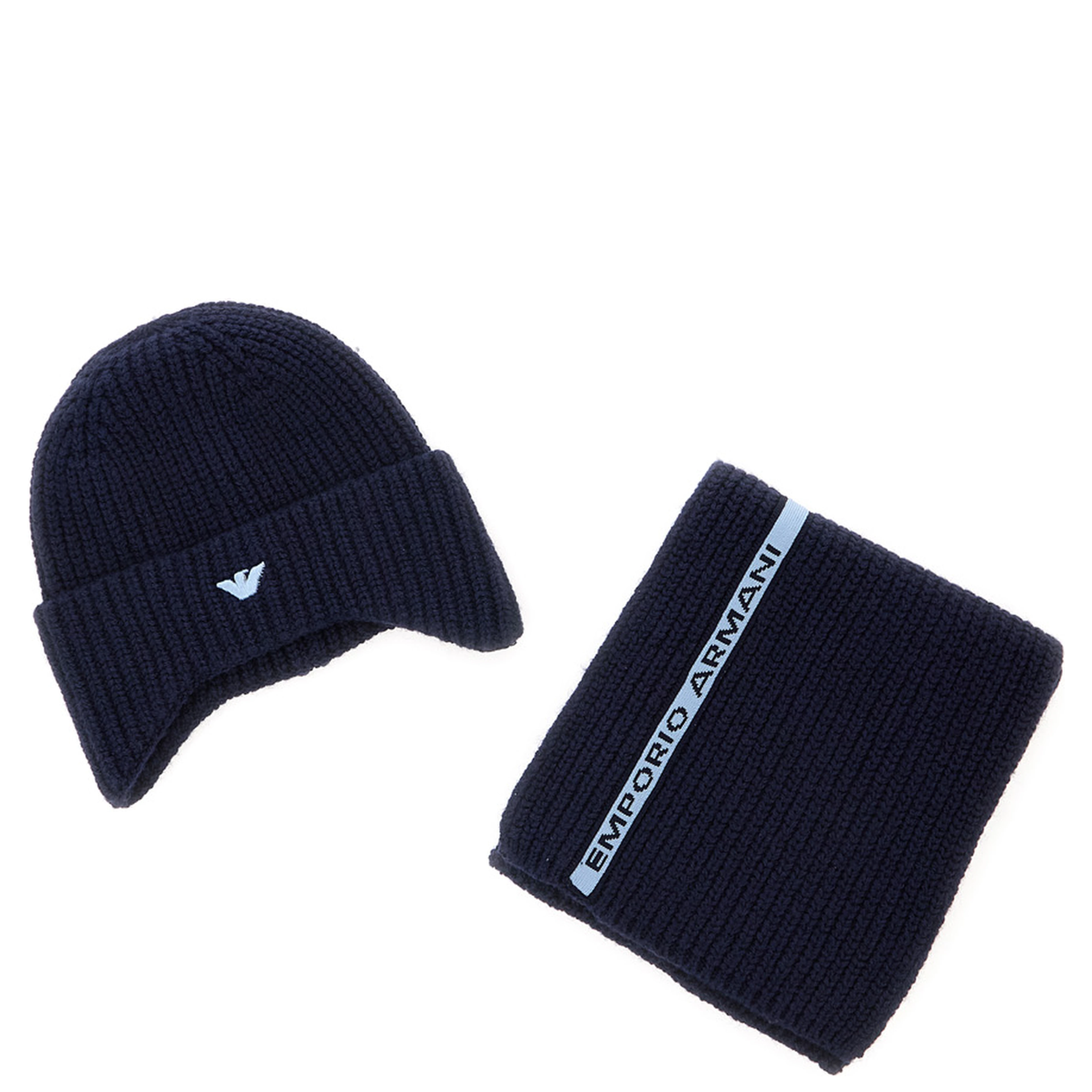 Blue Hat with Brim and Cuff and Logo on Front in wool Blend Boy
