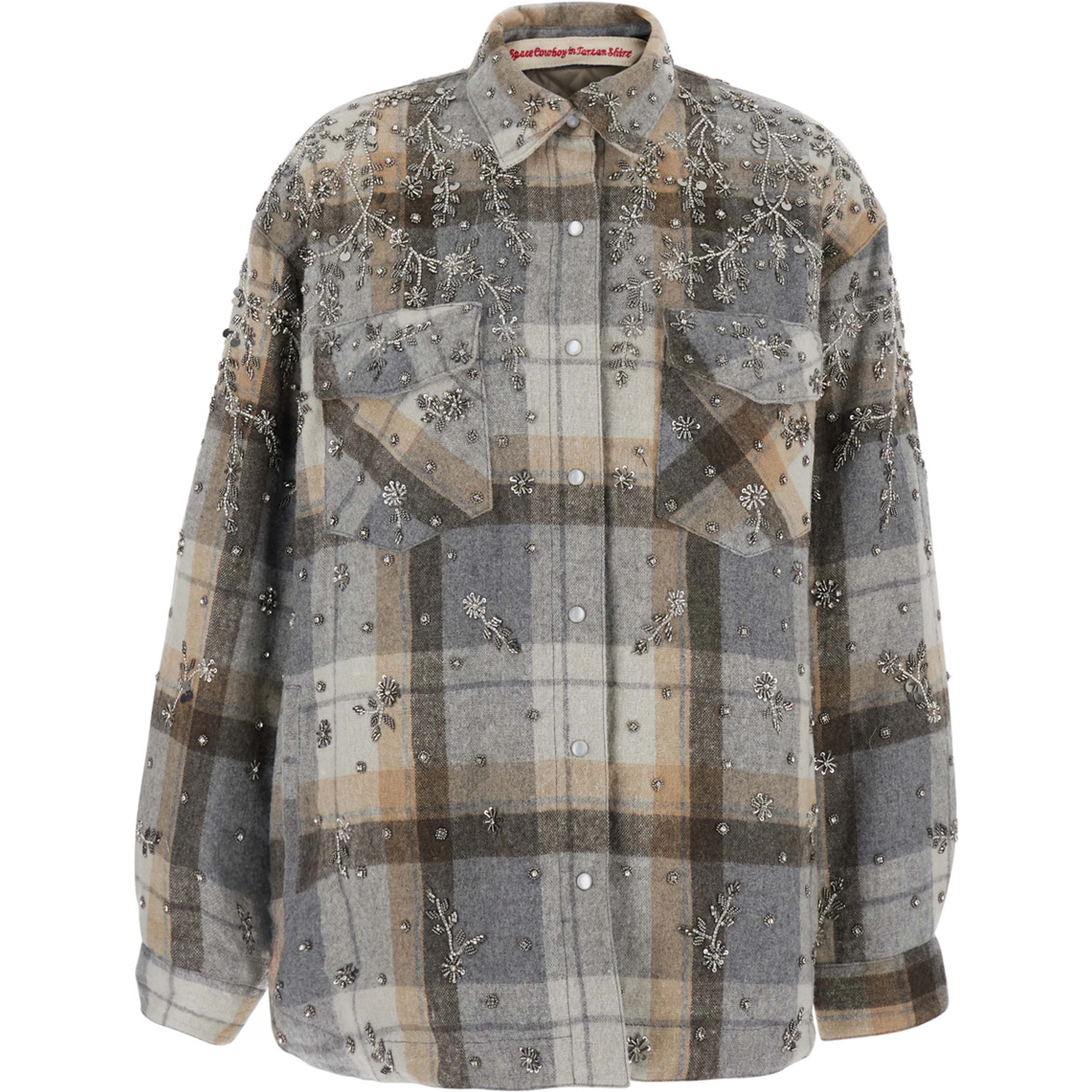 multicolor Shirt with metallic embroidery and applied rhinestones in flannel for women