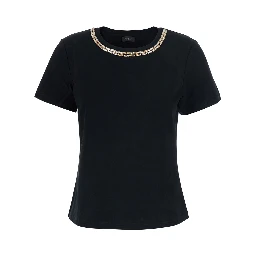 T-shirt with embroidered details and short sleeves in cotton and spandex, black color for men