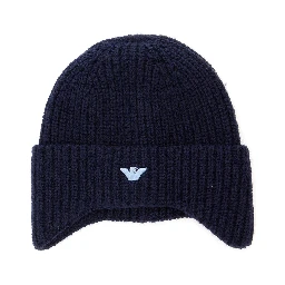 Blue Hat with Brim and Cuff and Logo on Front in wool Blend Boy