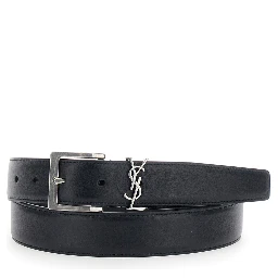 Belt with Cassandre Plate on the Front and Adjustable Buckle in Black Leather for Men
