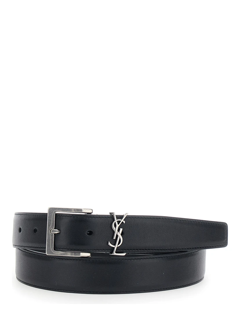 Belt with Cassandre Plate on the Front and Adjustable Buckle in Black Leather for Men
