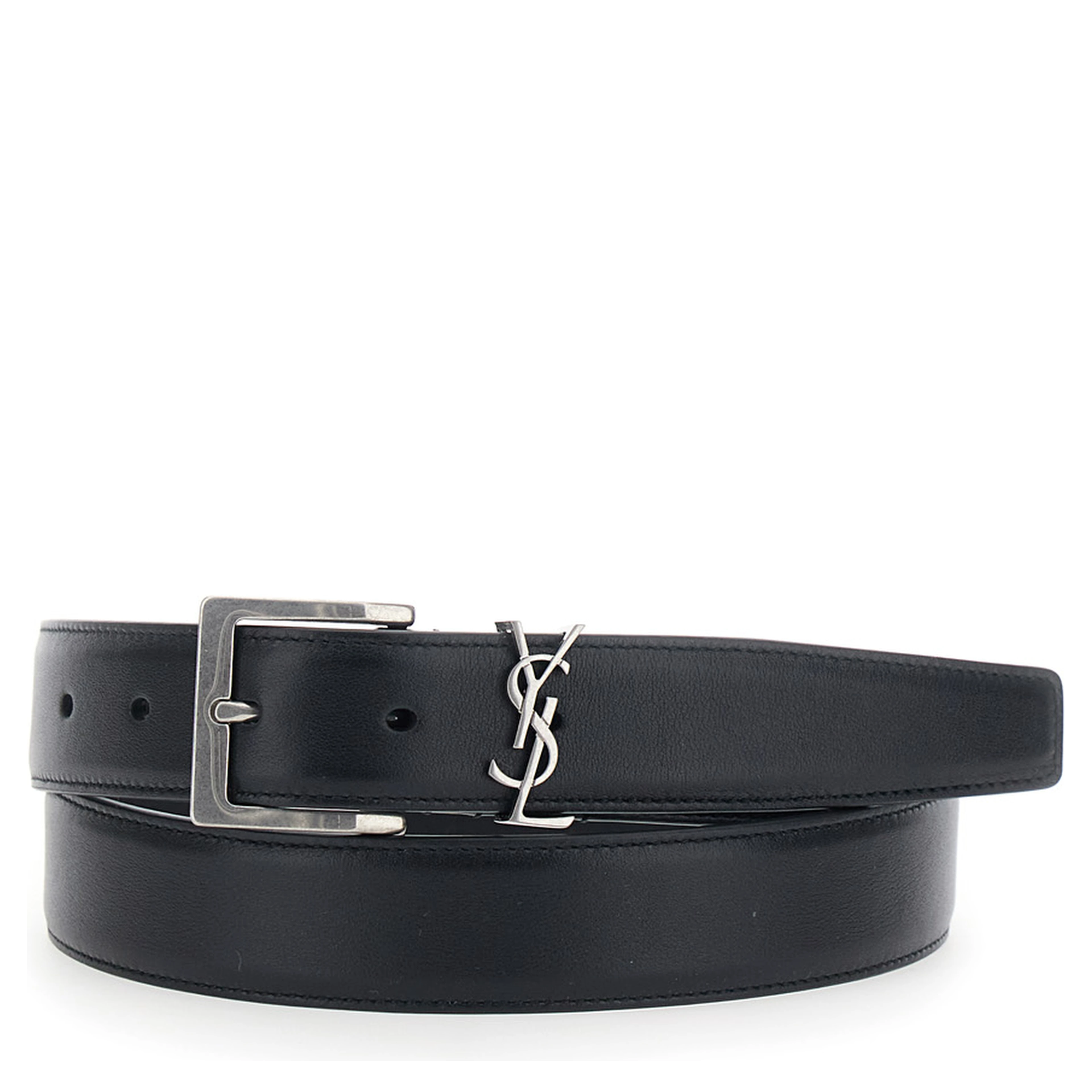 Belt with Cassandre Plate on the Front and Adjustable Buckle in Black Leather for Men