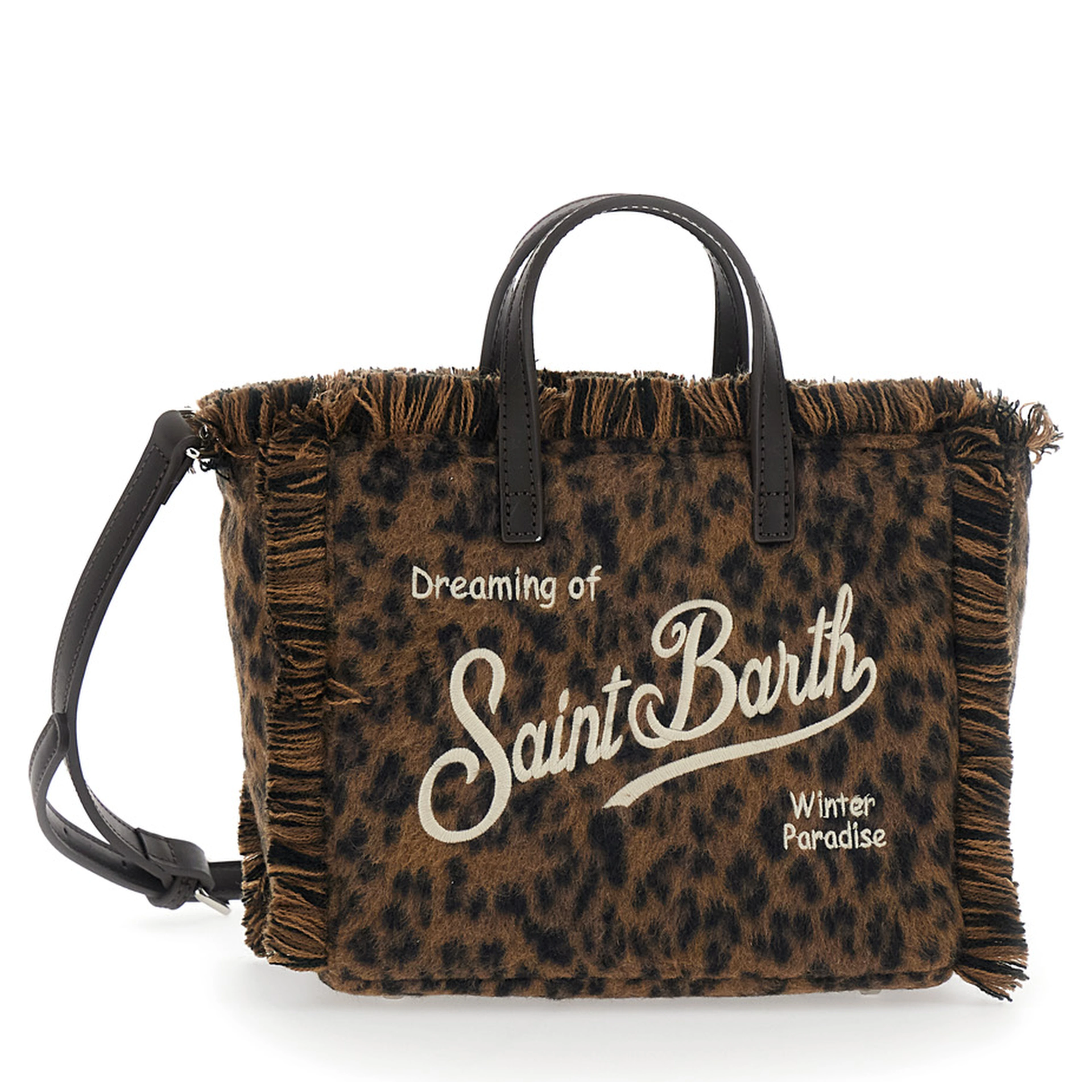 Handbag with felt and leopard details, made of polyester, in brown, unisex.