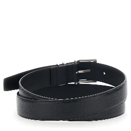 Belt with Cassandre Plate on the Front and Adjustable Buckle in Black Leather for Men