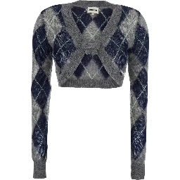 Grey Crop cardigan with all-over diamond motif in mohair and wool Woman