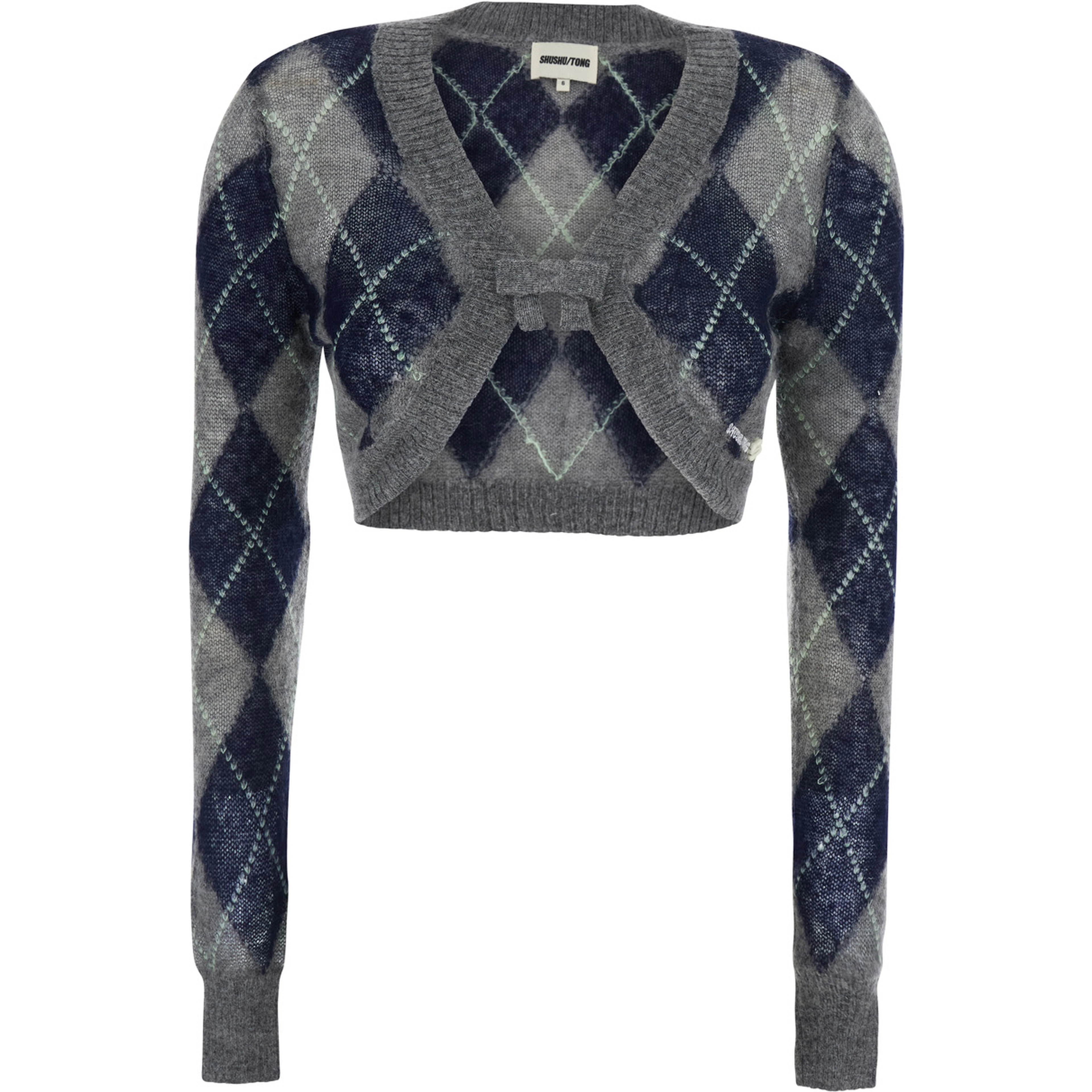 Grey Crop cardigan with all-over diamond motif in mohair and wool Woman