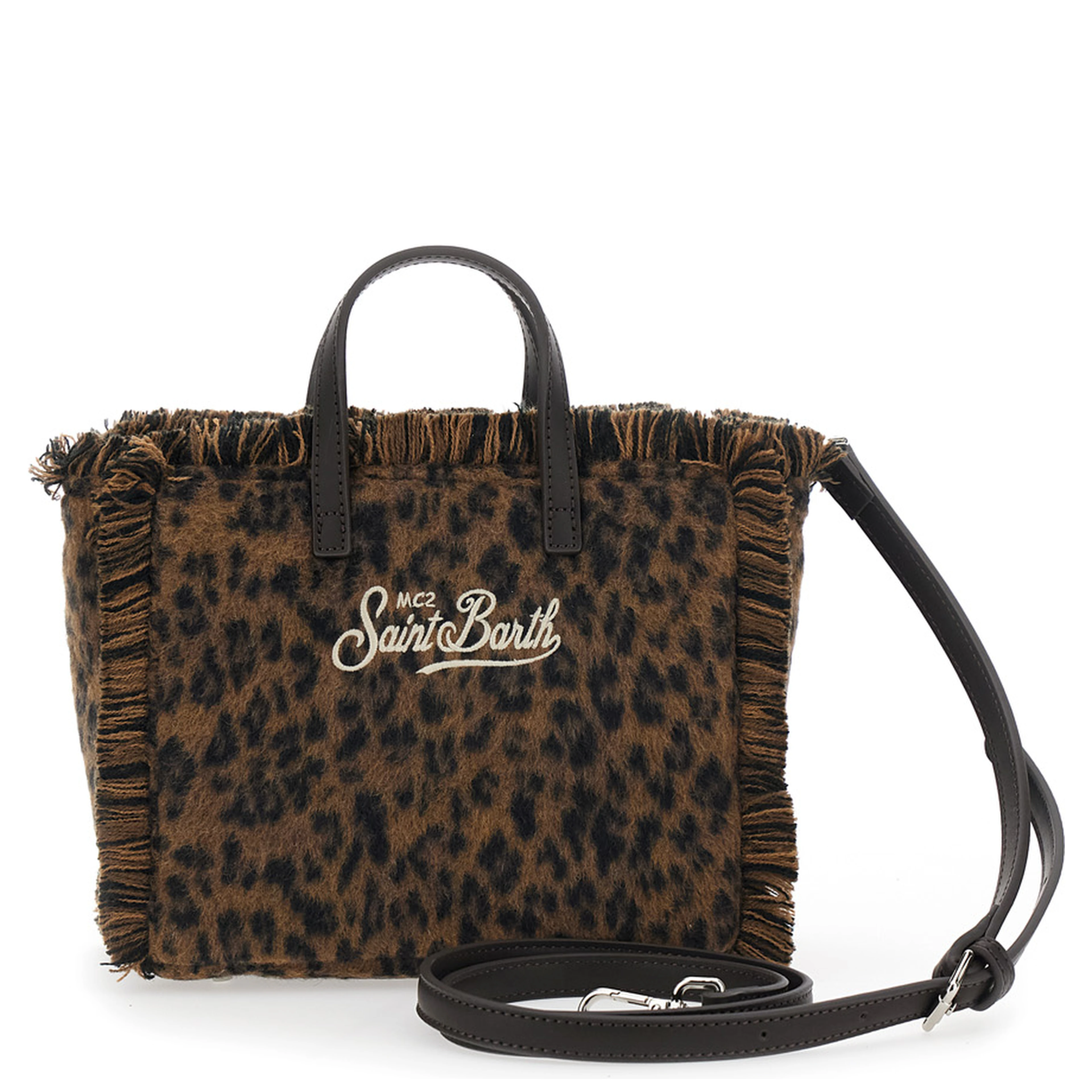 Handbag with felt and leopard details, made of polyester, in brown, unisex.
