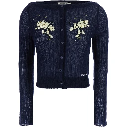 Blue Cardigan with Floral-Embellishment in Mohair and Wool for Women