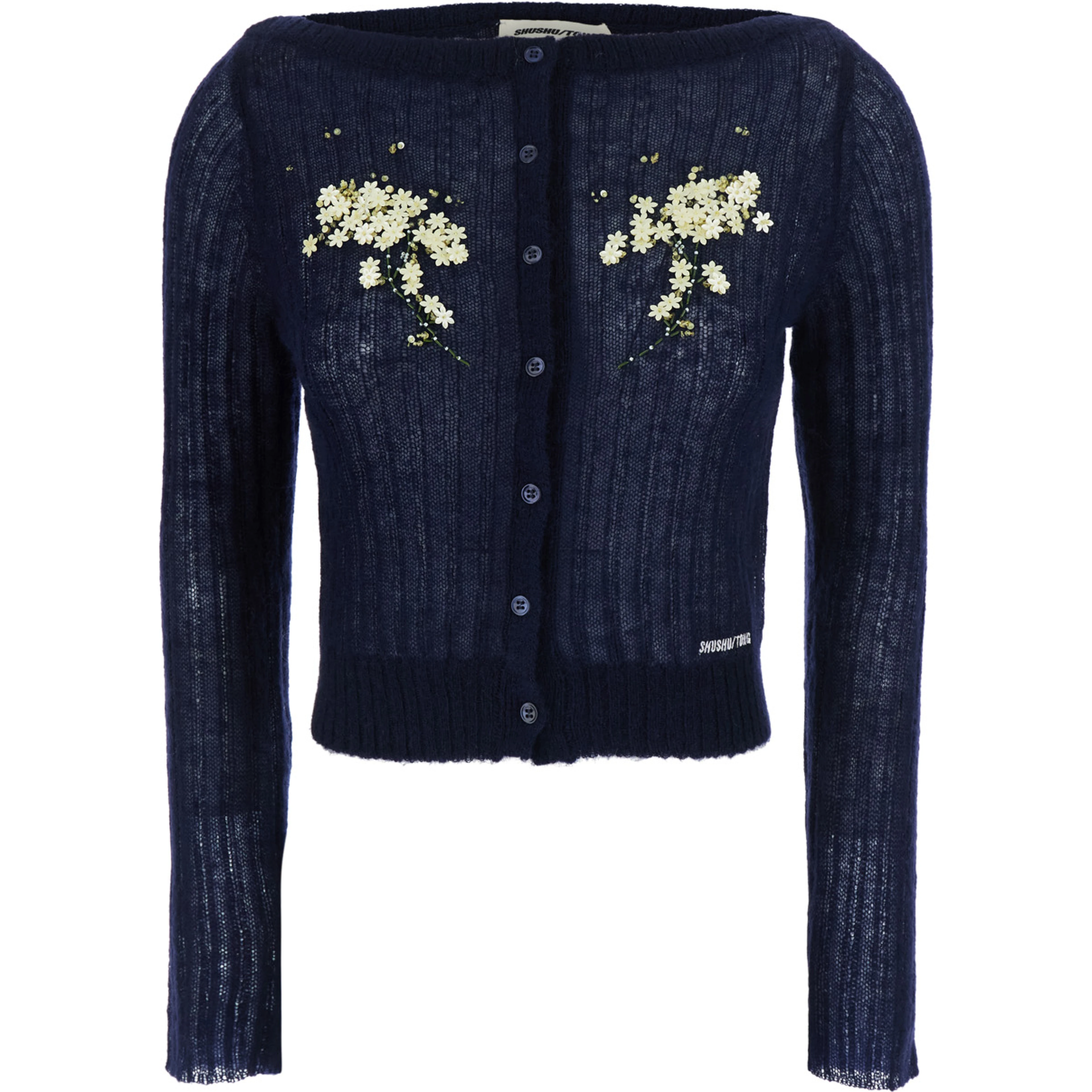 Blue Cardigan with Floral-Embellishment in Mohair and Wool for Women