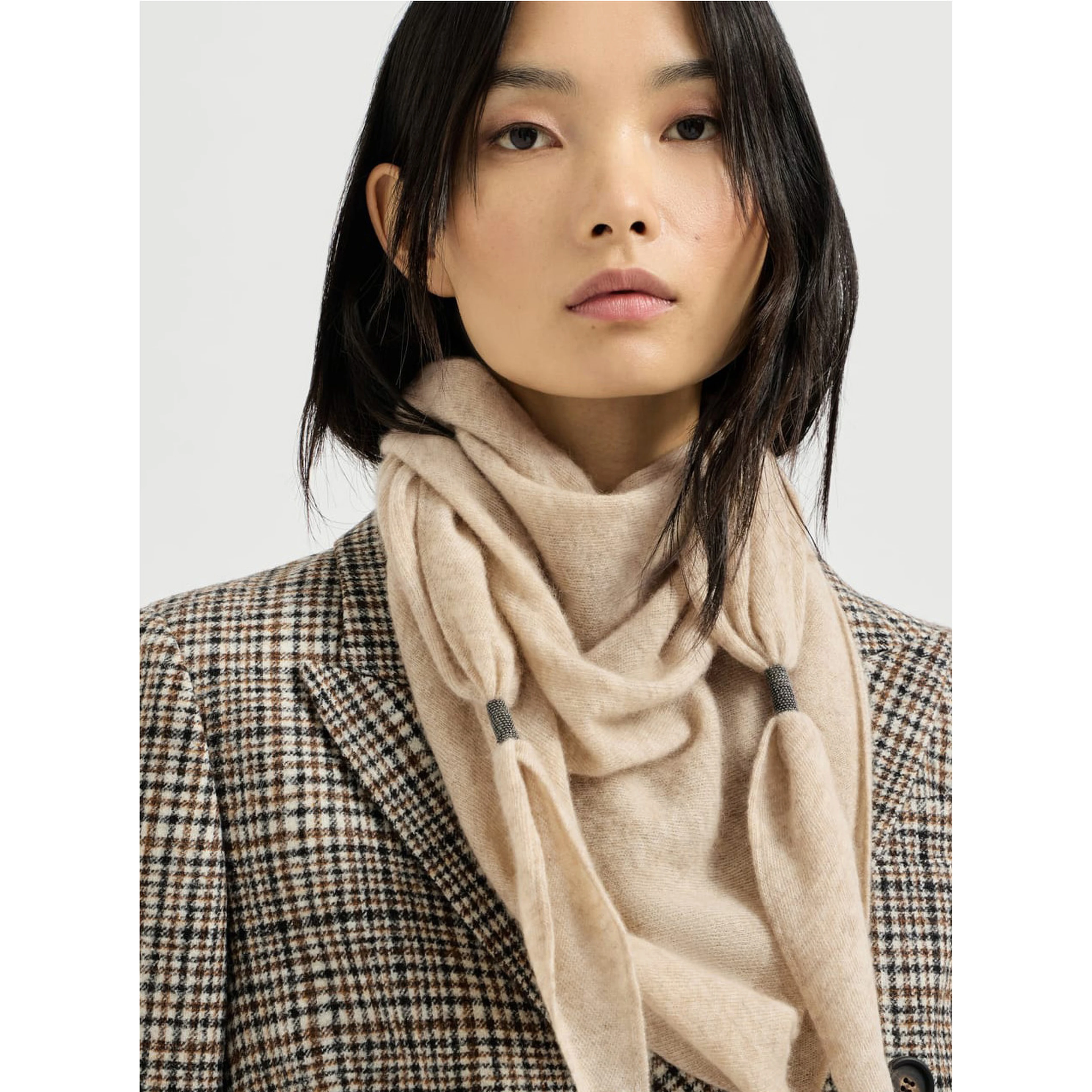 beige Rectangular scarf with Monili details in cashmere for women