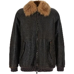Brown Jacket with Fur Collar and Monil Zipper Pull in Leather for Women