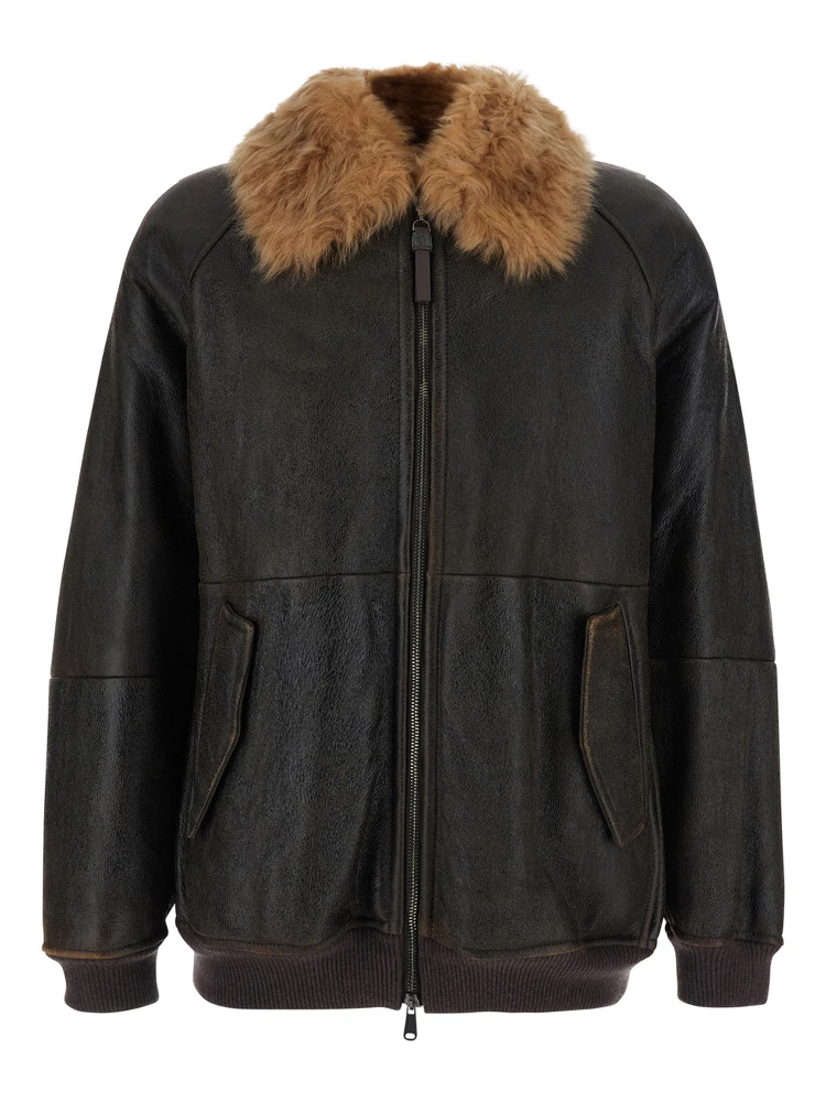 Brown Jacket with Fur Collar and Monil Zipper Pull in Leather for Women