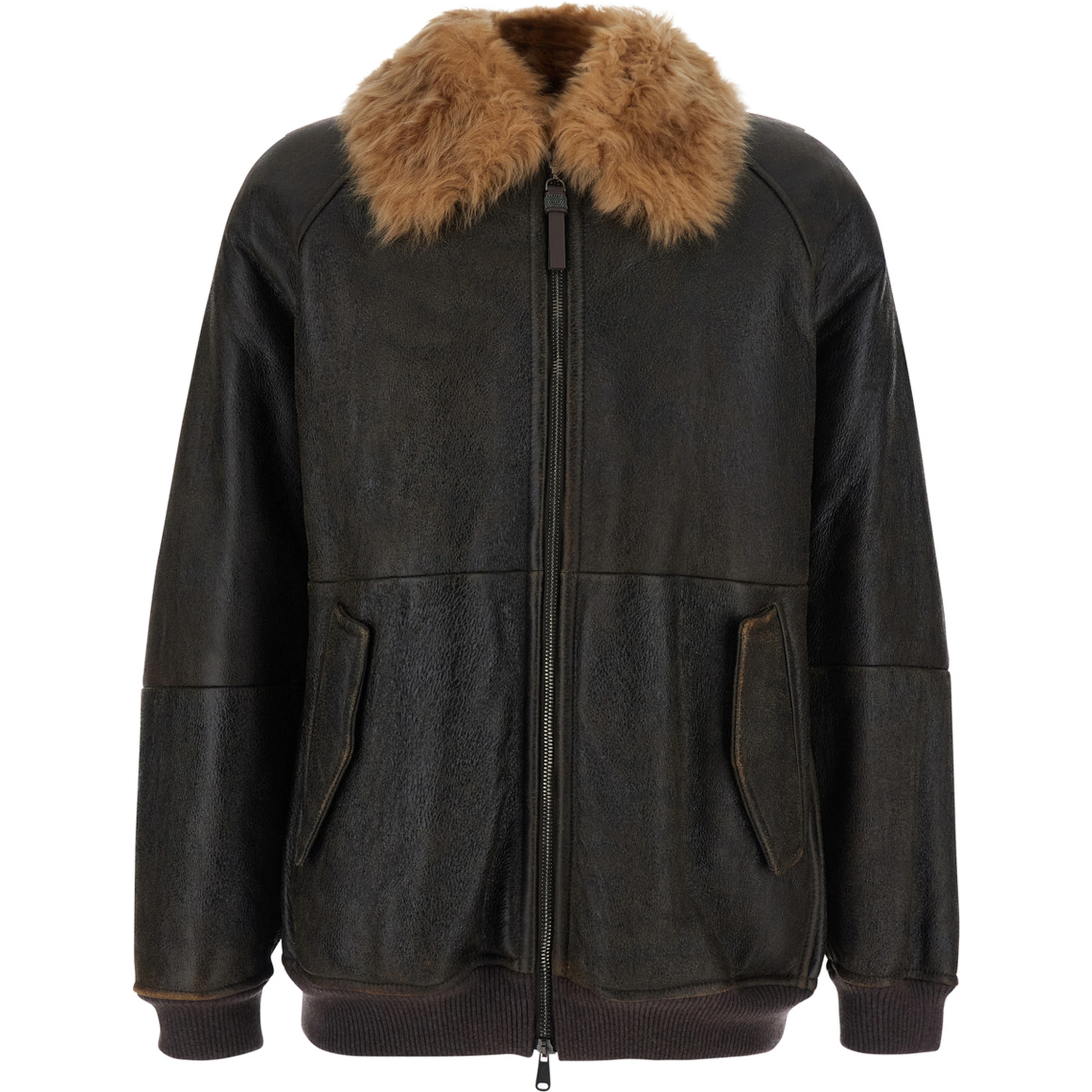 Brown Jacket with Fur Collar and Monil Zipper Pull in Leather for Women