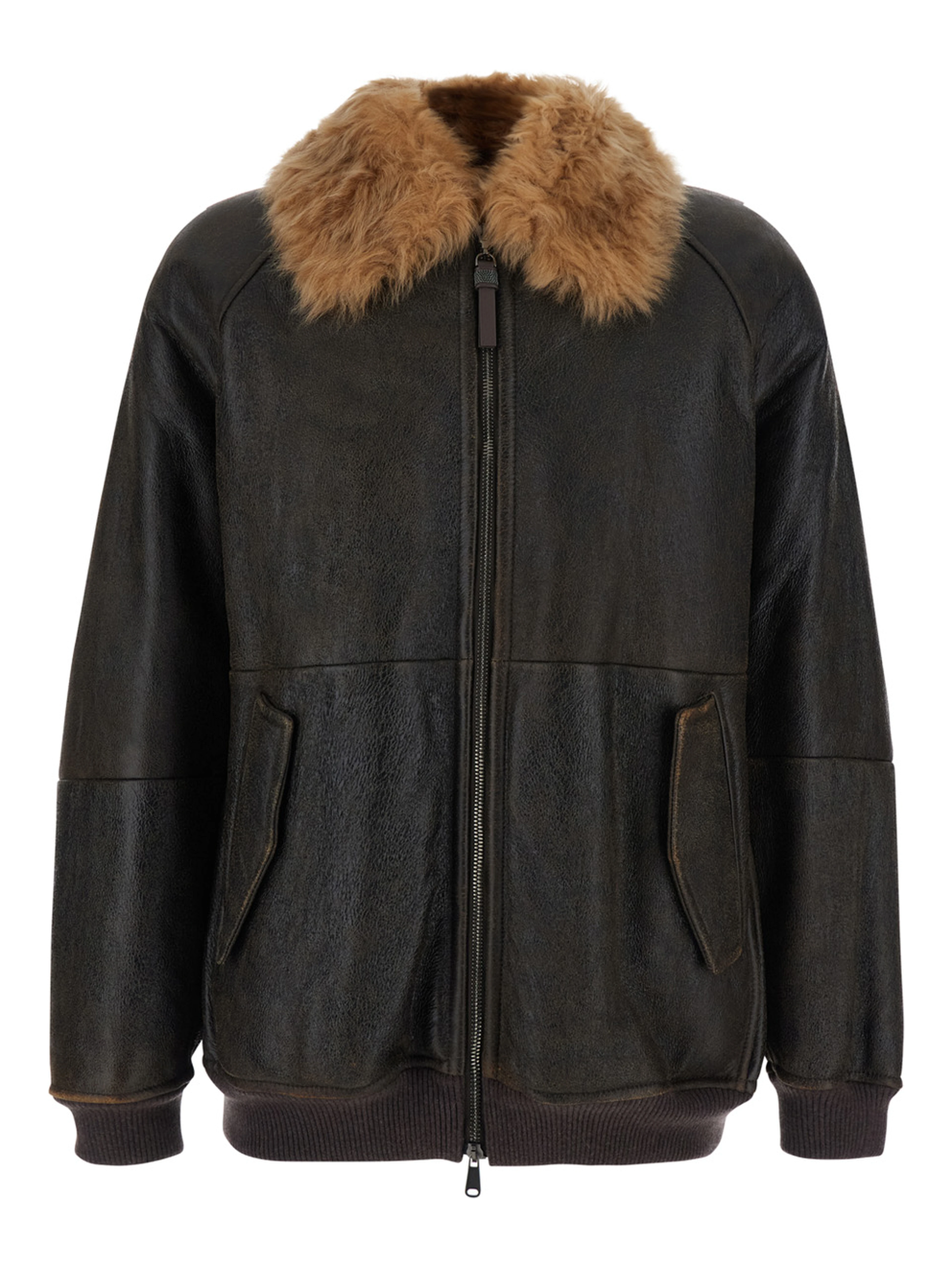 Brown Jacket with Fur Collar and Monil Zipper Pull in Leather for Women