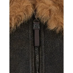 Brown Jacket with Fur Collar and Monil Zipper Pull in Leather for Women