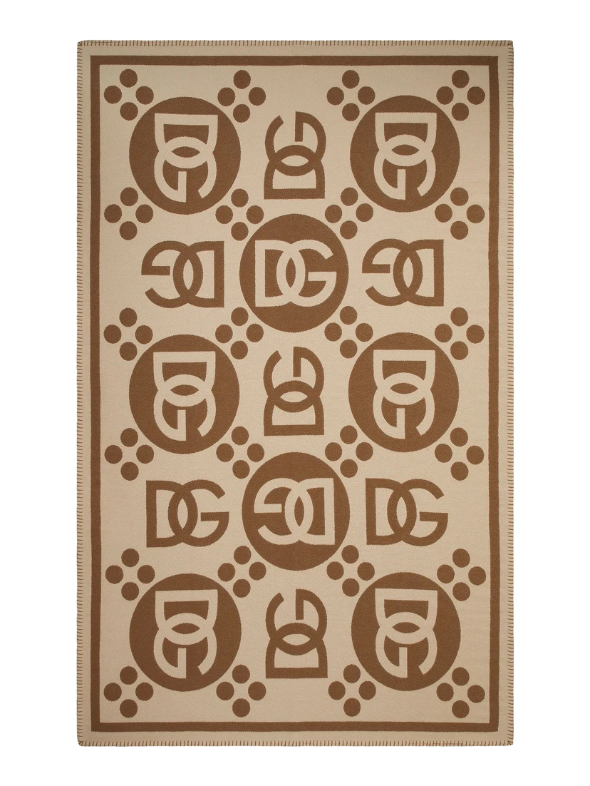 Rectangular blanket with graphic print and logo in brown wool unisex