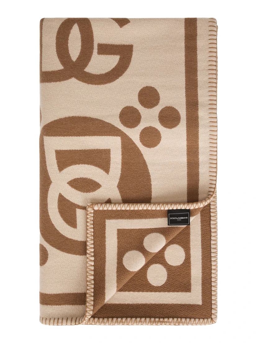 Rectangular blanket with graphic print and logo in brown wool unisex