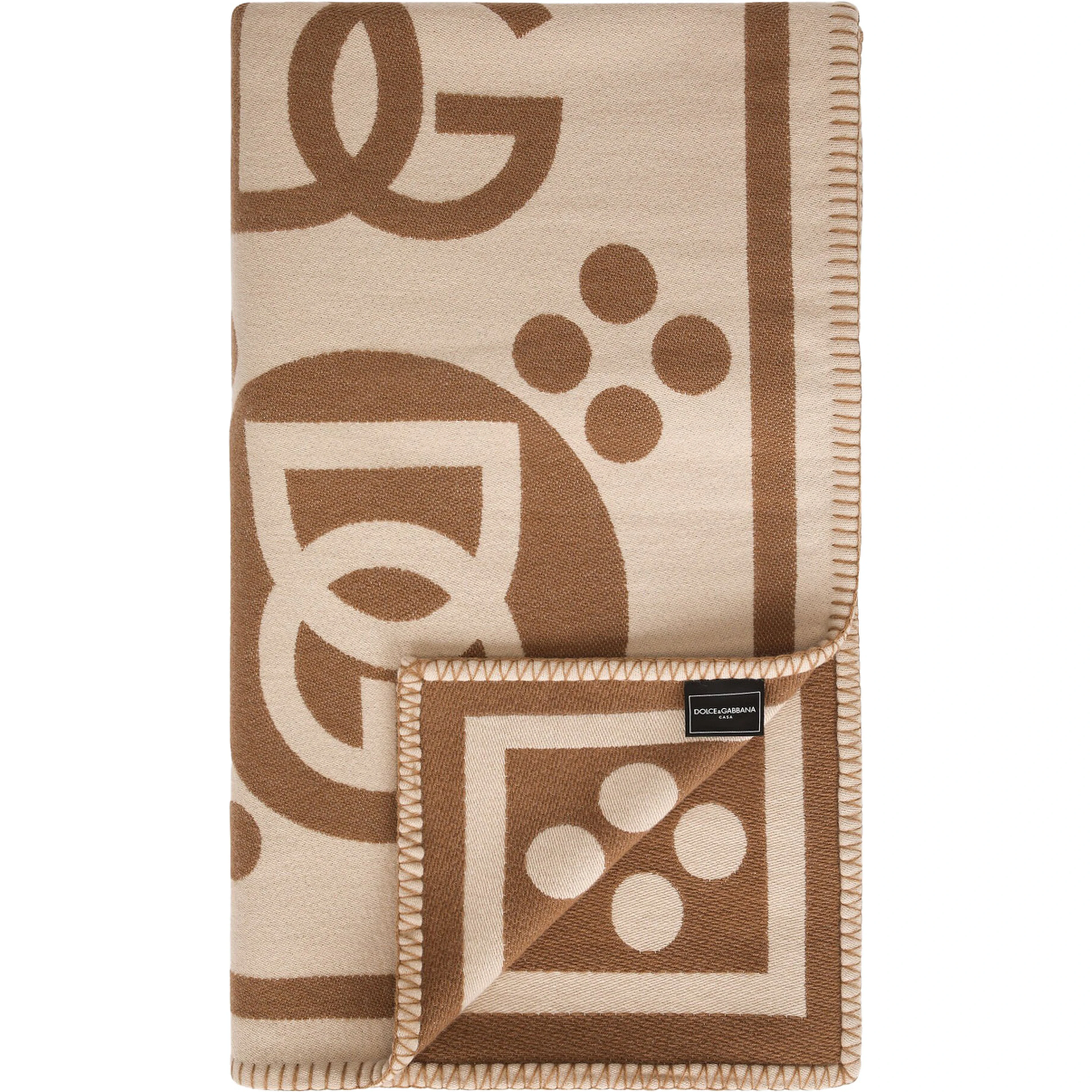 Rectangular blanket with graphic print and logo in brown wool unisex