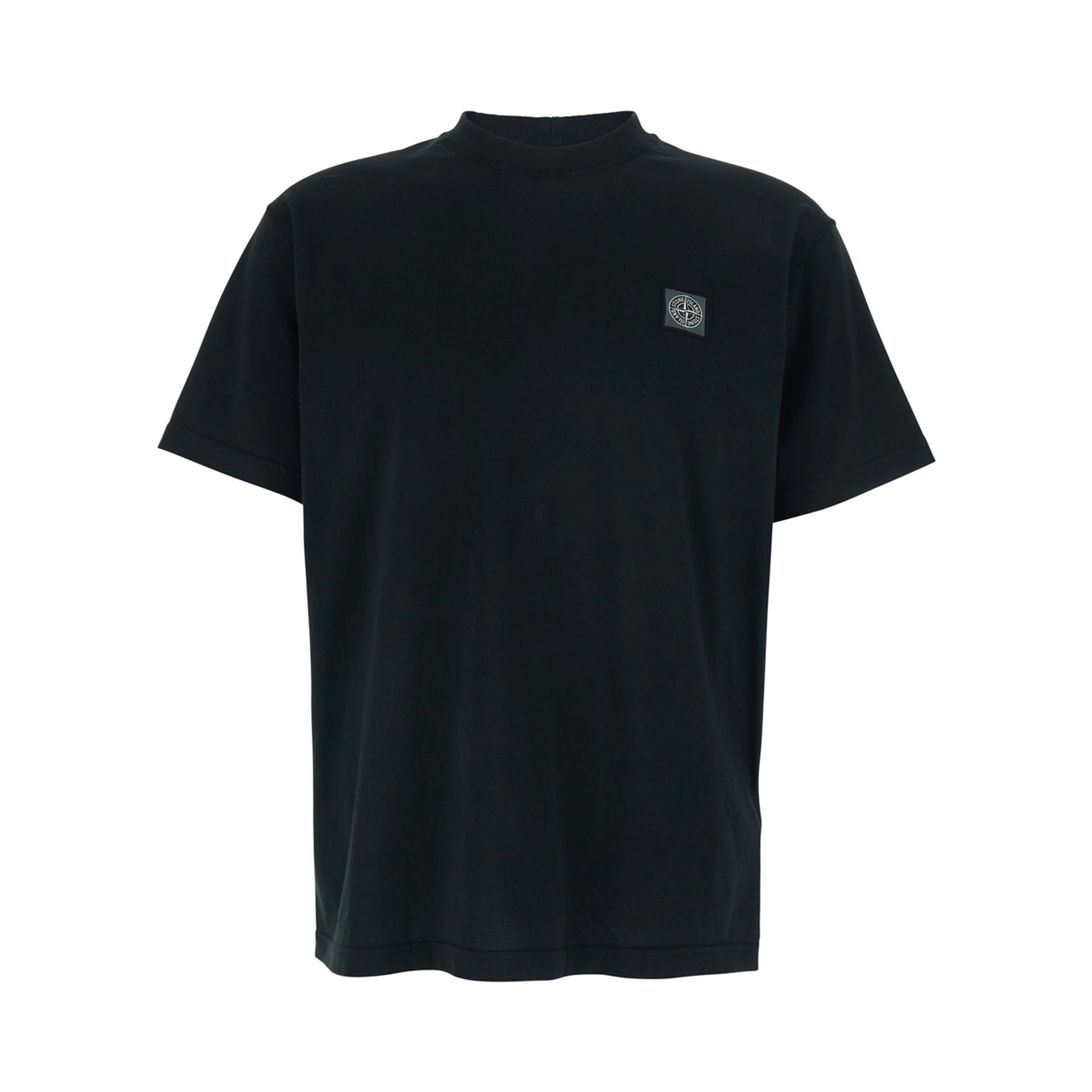 Black Crew Neck T-Shirt with Logo Patch on the Front in Cotton for Men
