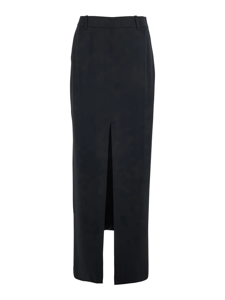 Black Long Skirt with Single Vent on the Front and Hidden Zip Closure on the Side in Viscose Blend for Women