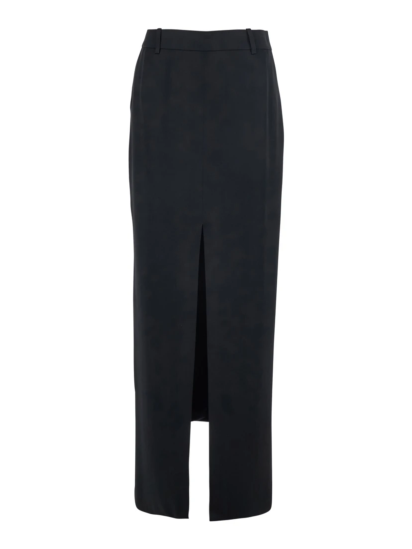 Black Long Skirt with Single Vent on the Front and Hidden Zip Closure on the Side in Viscose Blend for Women