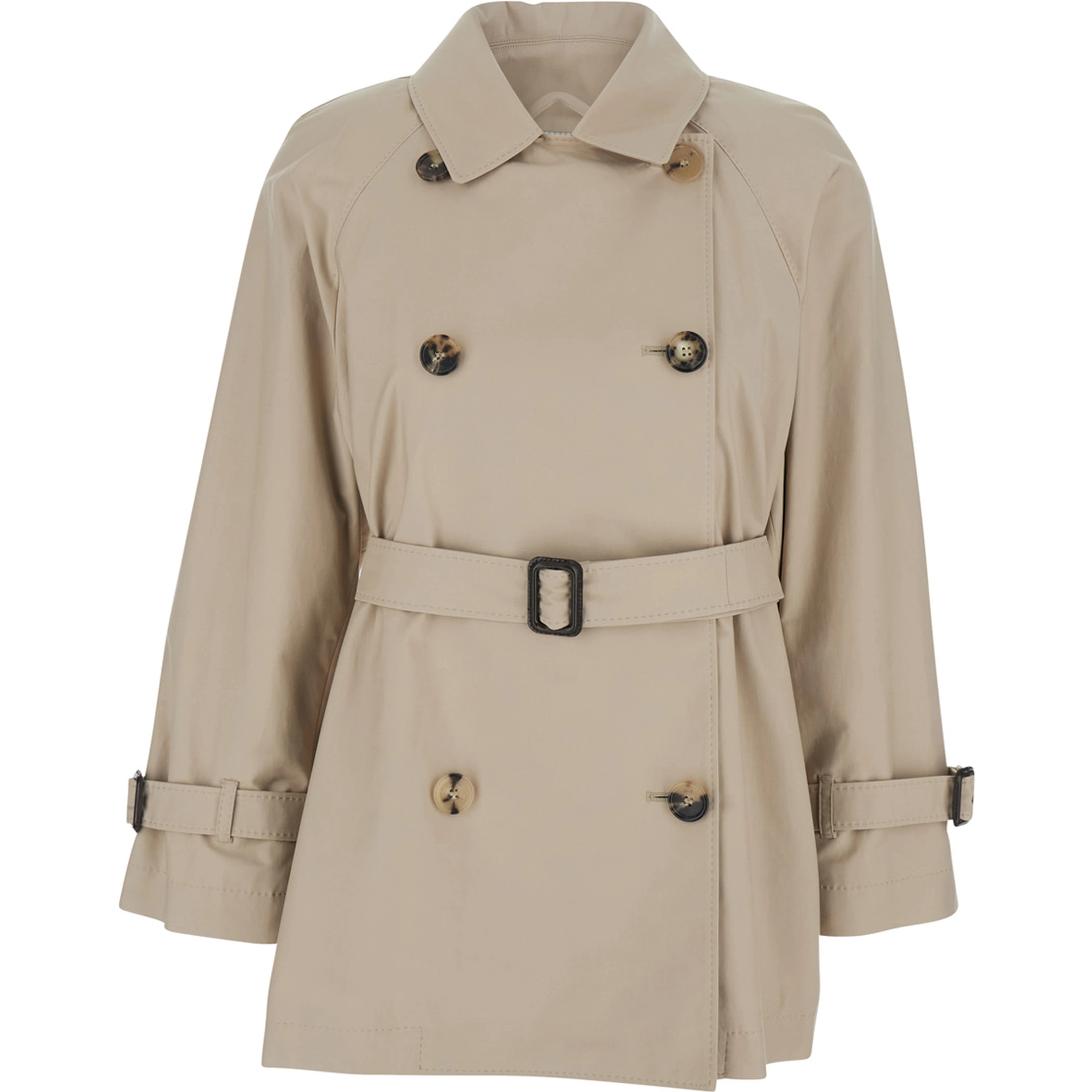 Calle Beige Double-Breasted Short Trench Coat with Classic Collar and Front Belt Closure in Cotton Blend Woman