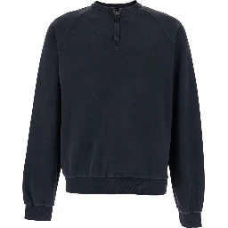 Black Crewneck Sweatshirt with Half Zip Closure on the Front in Cotton for Men