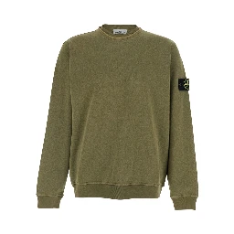 Green Crewneck Sweatshirt with Dropped Shoulders and Logo Patch on Sleeve in Cotton for Men