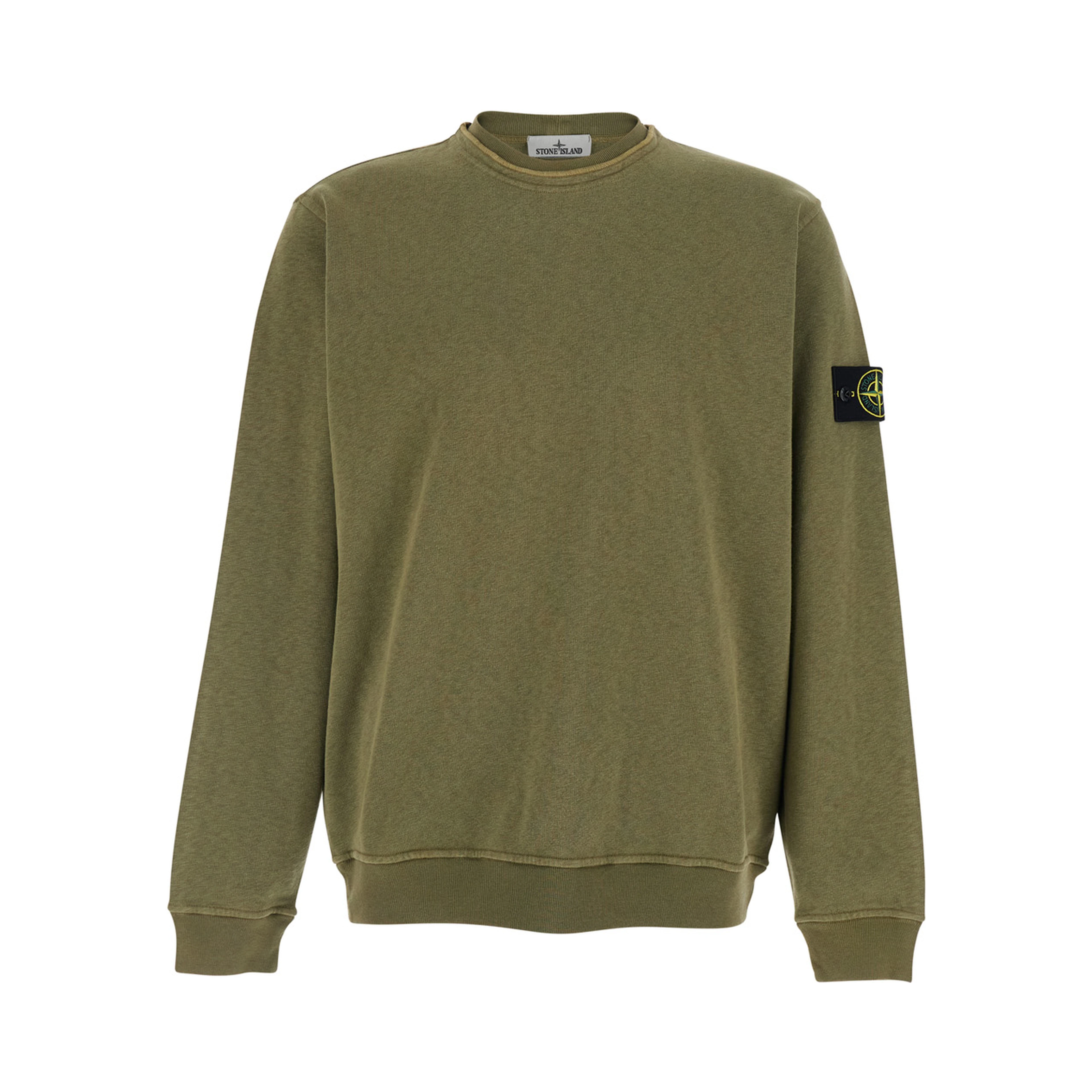 Green Crewneck Sweatshirt with Dropped Shoulders and Logo Patch on Sleeve in Cotton for Men