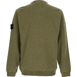 Green Crewneck Sweatshirt with Dropped Shoulders and Logo Patch on Sleeve in Cotton for Men