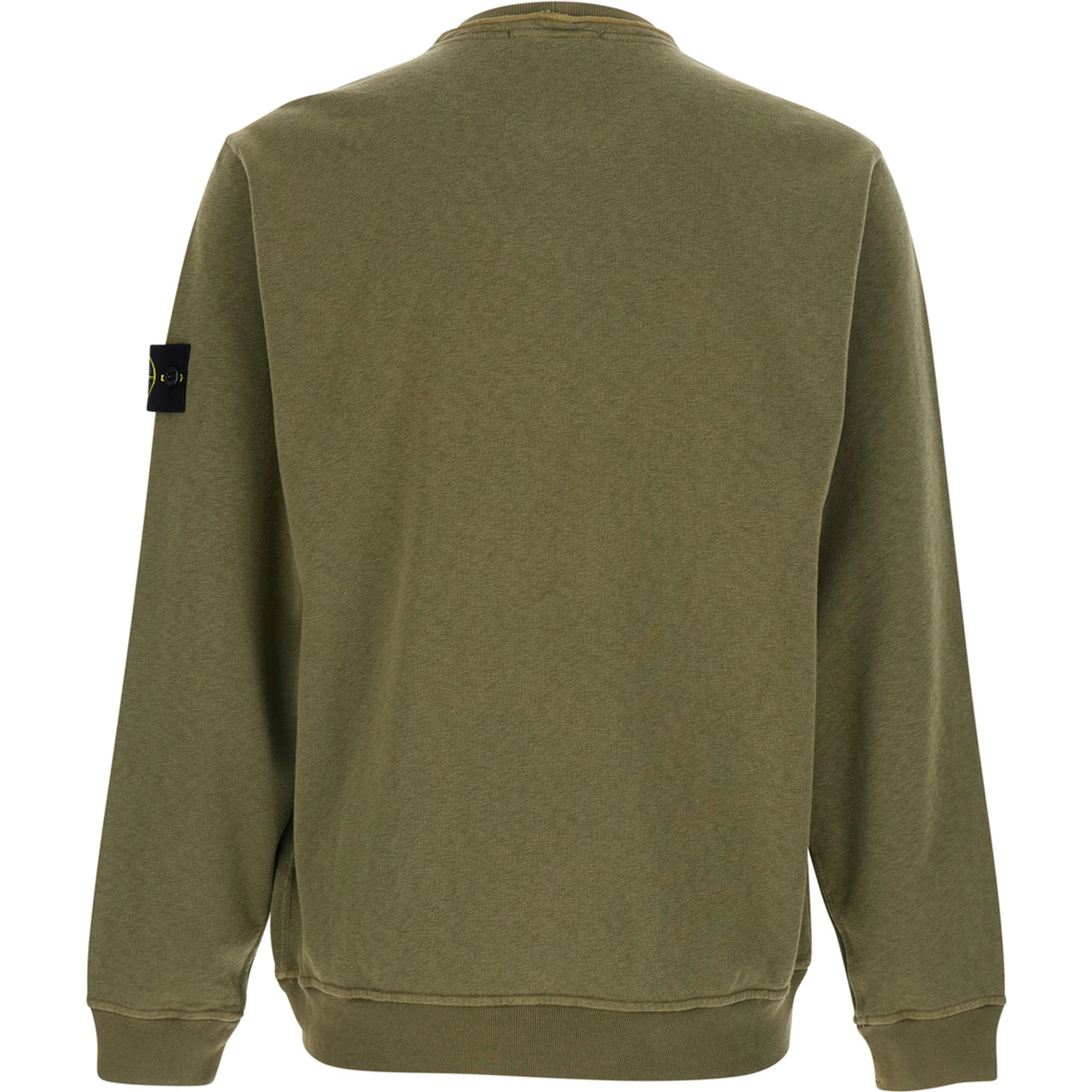Green Crewneck Sweatshirt with Dropped Shoulders and Logo Patch on Sleeve in Cotton for Men