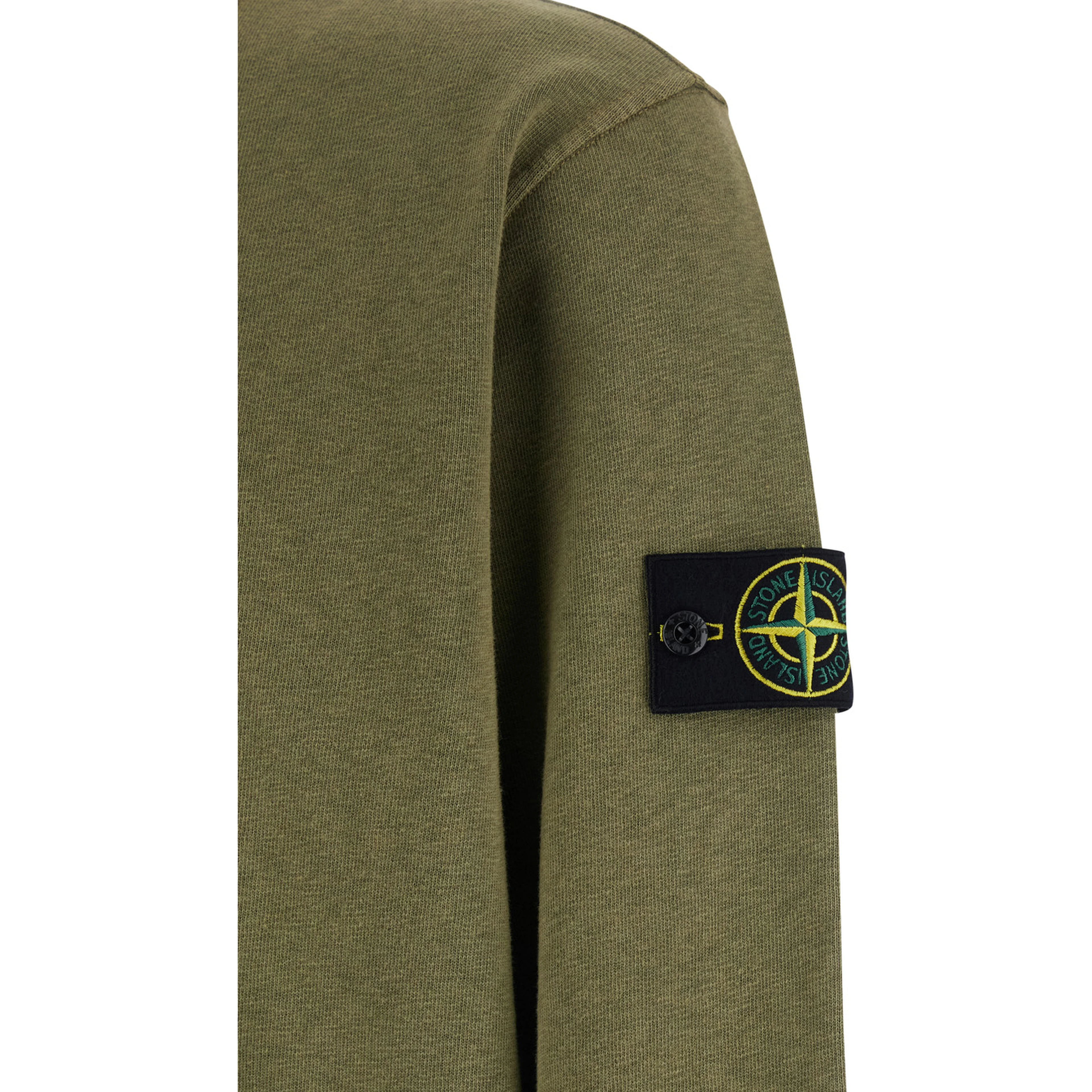 Green Crewneck Sweatshirt with Dropped Shoulders and Logo Patch on Sleeve in Cotton for Men