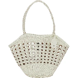 Lip White Shoulder Bag with Rounded Handles and Woven Design in Leather Women