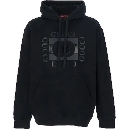 Black Hooded Sweatshirt with Drawstring and Front Logo in Cotton for Men