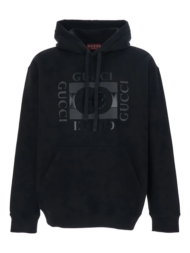 Black Hooded Sweatshirt with Drawstring and Front Logo in Cotton for Men